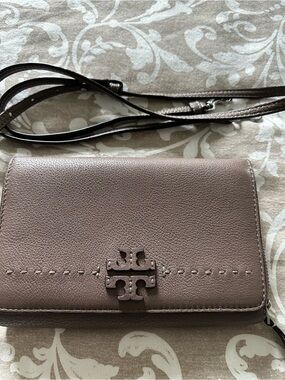 Tory Burch Taupe Leather Crossbody Wallet with Logo